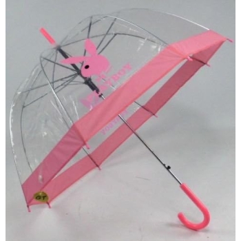 Playboy Ladies Womens Dome Umbrella Pink Plastic Transparent with Crock Handle