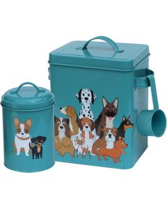 Metal Dog Food Storage Set featuring Quirky Dog Pack Illustration 