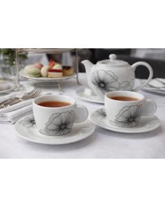 Porcelain Tea Cup & Saucer Set Featuring Monochrome Papaver Bloom Detailing