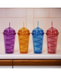 Assorted Colours Double Wall Plastic Tumbler Set with Reusable Straw