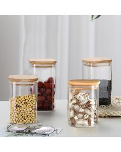 Square Glass Storage Jar with Airtight Bamboo Lids Set of 4
