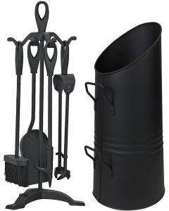 Black Coal Scuttle Hod Bucket Fireside with Cast Iron Companion Set