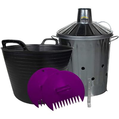 Galvanised Locking Lid Incinerator Bin, 42L Flexi Tub and Plastic Leaf Grabber Set