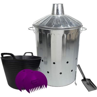 Incinerator Bin 90 Litre, Mini Shovel, 42L Flexi Tub and Plastic Leaf Grabber Set