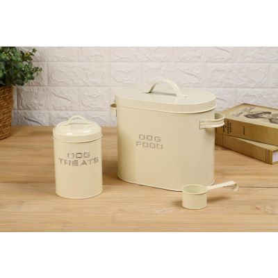 Matt Cream Oblong Metal Dog Food Storage Set