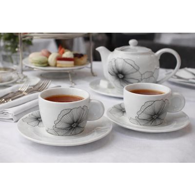 Porcelain Tea Cup & Saucer Set Featuring Monochrome Papaver Bloom Detailing