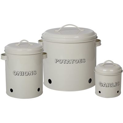 Antique Cream Vintage Potato Onion Garlic Kitchen Storage Canisters Set