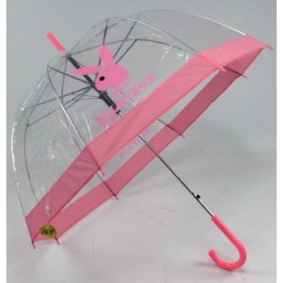 Playboy Ladies Womens Dome Umbrella Pink Plastic Transparent with Crock Handle