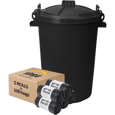 85L Plastic Dustbin with Clip On Locking Lid & 100PC Heavy Duty Bin Liner Combo