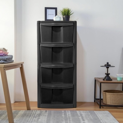 Black Plastic 4 Drawer Modular Storage Tower Chest Unit