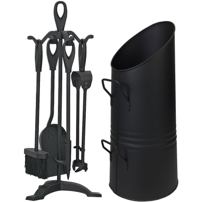 Black Coal Scuttle Hod Bucket Fireside with Cast Iron Companion Set