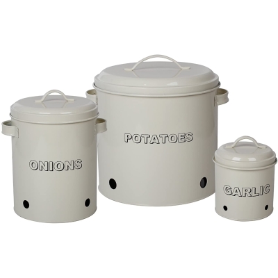 Antique Cream Vintage Potato Onion Garlic Kitchen Storage Canisters Set