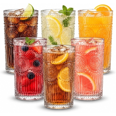 Lucente Vintage Embossed Highball Drinking Glasses 380ml