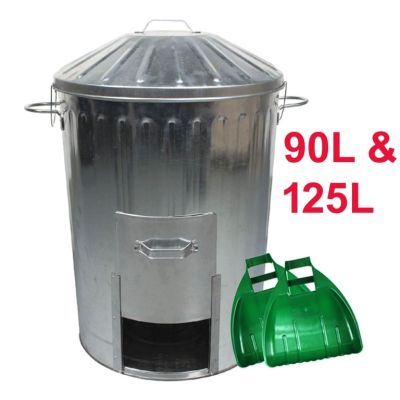 Galvanised Metal Dustbin With Door Hatch & Locking Lid + Large Plastic Leaf Grabber Set