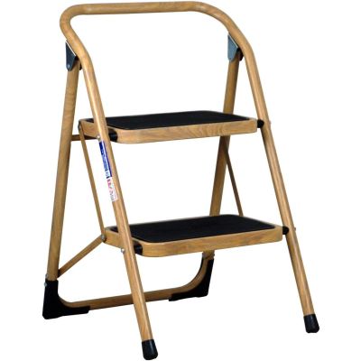 2 Step Ladder Extra Wide Step Safety Non Slip Mat Heavy Duty Wood Effect
