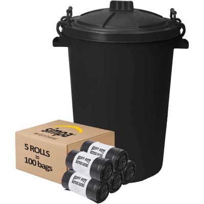 85L Plastic Dustbin with Clip On Locking Lid & 100PC Heavy Duty Bin Liner Combo