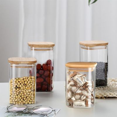 Square Glass Storage Jar with Airtight Bamboo Lids Set of 4
