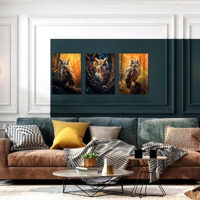 3 Panel Canvas Wall Art Golden Owl