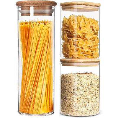  Round Glass Storage Jar with Airtight Bamboo Lids set of 3