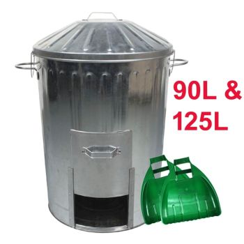 Galvanised Metal Dustbin With Door Hatch & Locking Lid + Large Plastic Leaf Grabber Set