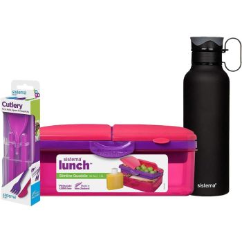 Slimline Quaddie Lunchbox, Cutlery Set & 600ml Stainless Steel Insulated Drinks Bottle