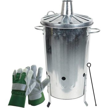  Galvanised Incinerator, Poker and Pair of Reinforced Rigger Gloves