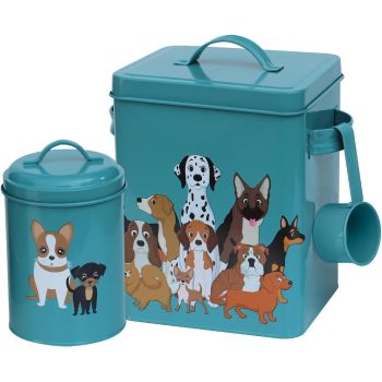 Metal Dog Food Storage Set featuring Quirky Dog Pack Illustration 