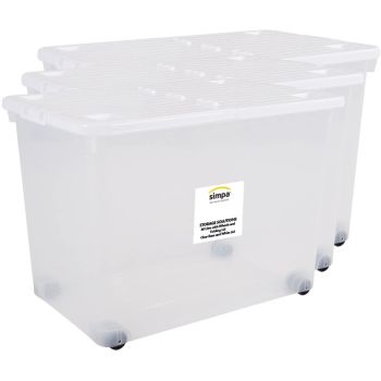 Simpa 80 Litre Clear Plastic Storage Box With White Hinged Lid And Wheels