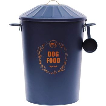 Metal Vintage Retro Styled Dry Dog Food Storage Bin Container with Scoop - Royal Blue & Gold 