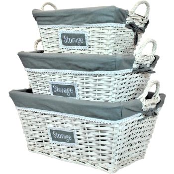 White Rattan Nesting Storage Baskets with Grey Liners 