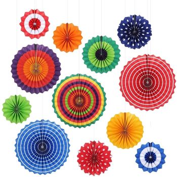 Pinwheel Fan Decorations Set of 12 Assorted Colours, Designs & Sizes