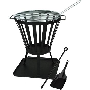 Camelot Fire Pit Stand With BBQ Grill + Ash Shovel & Poker Set